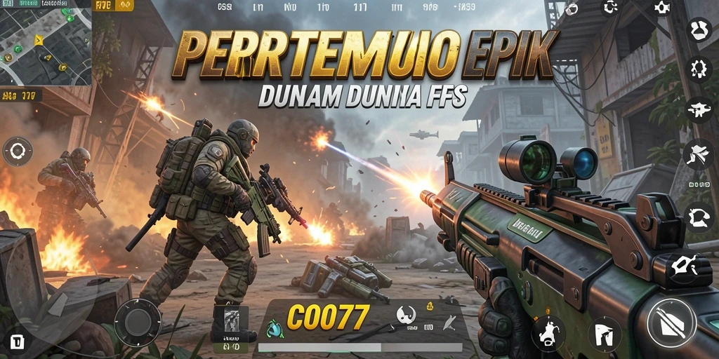 Screenshot utama C0077 menampilkan aksi menembak yang intens dalam gameplay FPS.