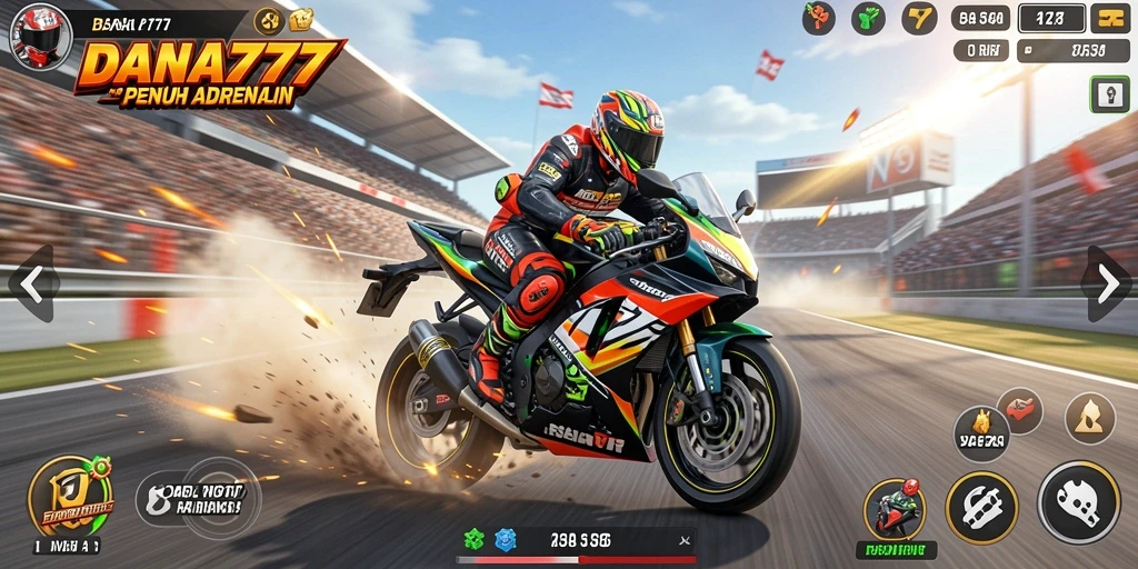 Screenshot gameplay DANA777 menampilkan balapan motor yang menegangkan di trek yang dinamis.