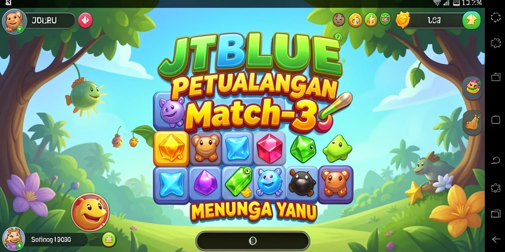 Screenshot gameplay JTBLUE yang menunjukkan serunya mencocokkan permata.
